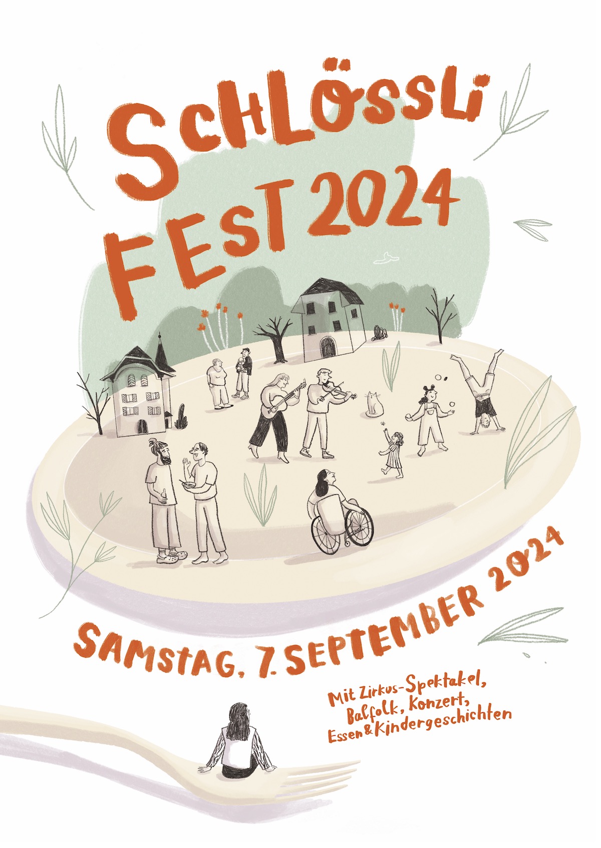 Schlössli Fest 2024 am Samstag, 7. September, 2024. Mit Musik, Balfok, Zirkus-Spektakel, Kindergeschichten und Essen.